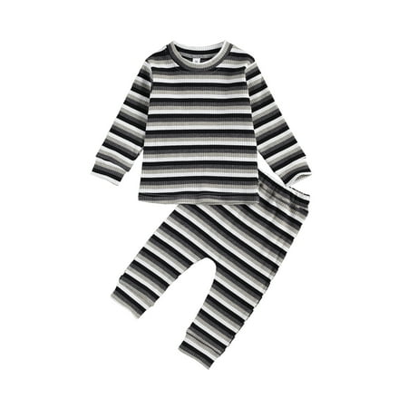 

Calsunbaby Kids Girls Boys 2Pcs Clothes Set Toddlers Striped Crew Neck Long Sleeve Ribbed Tops Stretch Pants Casual Suit