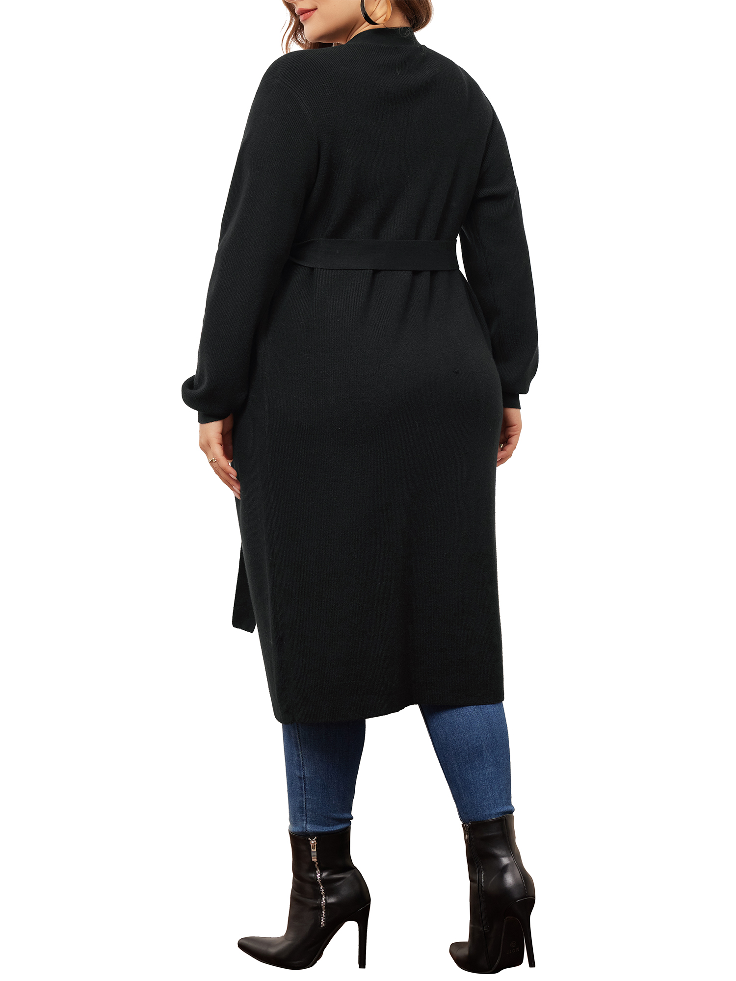 DARING DIVA Plus Size Sweater Knit Long Sleeve Belted Overwear 1X Black