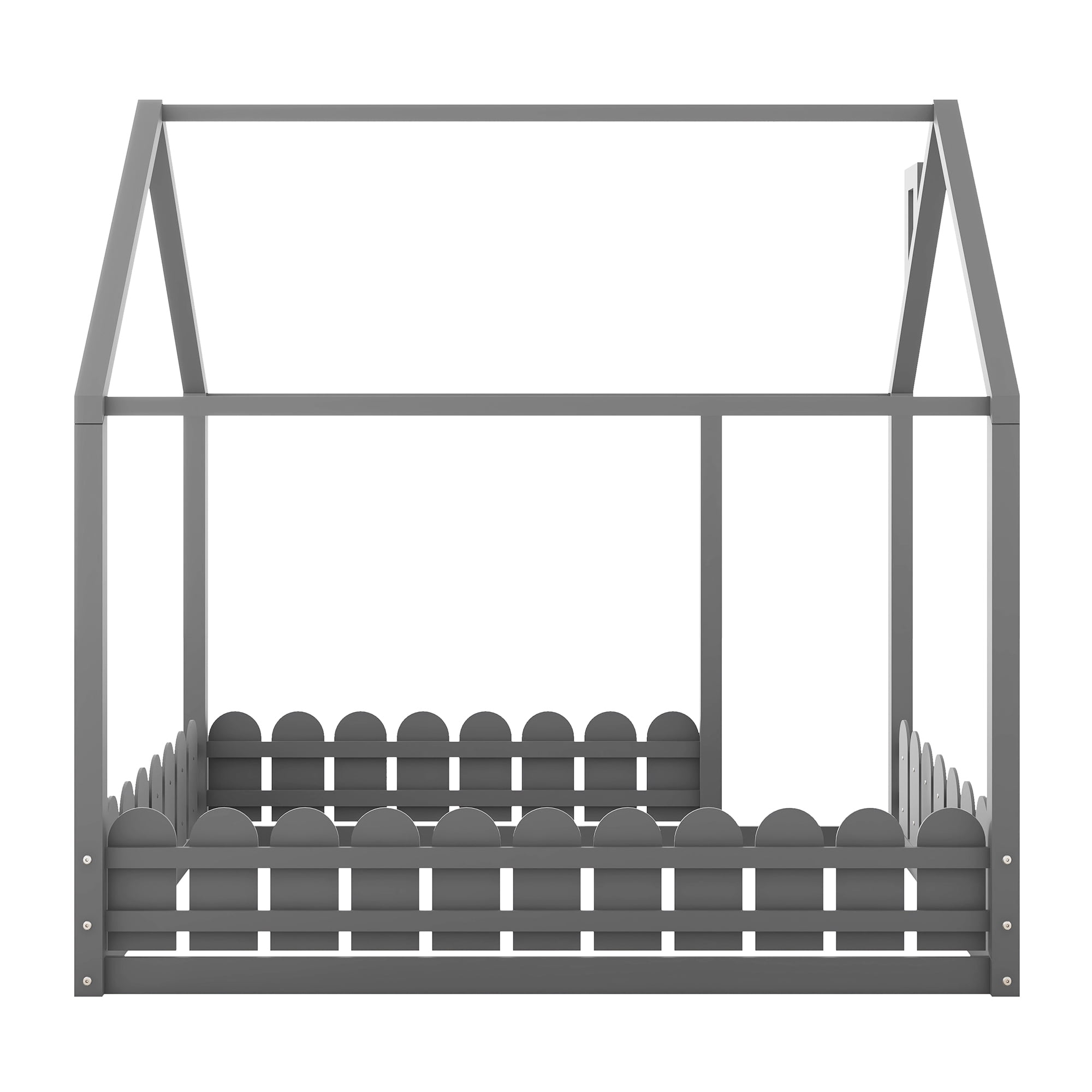 Gewnee Full Size Montessori Bed with Fence, Kids Wood House Bed Frame,Gray