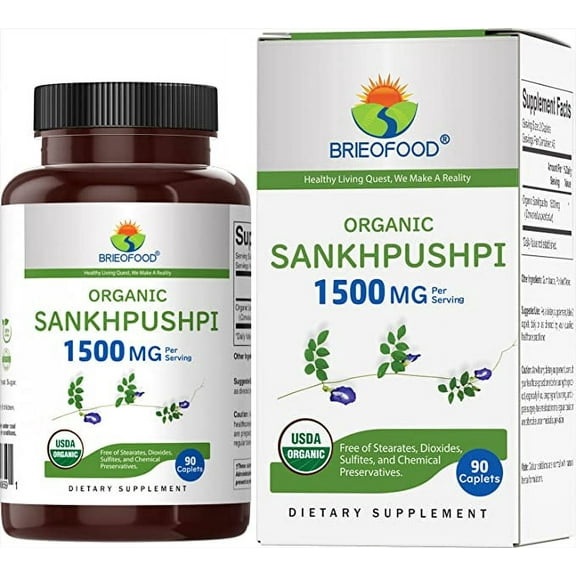 Brieofood Organic Sankhpushpi 1500mg, 45 Servings, Vegetarian, Gluten Free, 90 Vegetarian Tablets