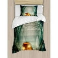 thumbnail image 3 of Halloween Duvet Cover Set King Size, Drawing of Scary Halloween Pumpkin Enchanted Forest Mystic Twilight Party Art, Decorative 3 Piece Bedding Set with 2 Pillow Shams, Orange Teal, by Ambesonne, 3 of 3