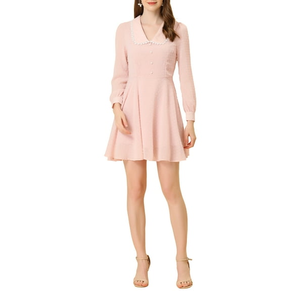 INSPIRE CHIC Women's Peter Pan Collar Swiss Dots Long Sleeve Retro Mini Dress Pink S