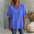 thumbnail image 3 of Linen Shirts for Women Summer Short Sleeve Loose Casual V Neck Raw Distressed T Shirt Lightweight Beach Tops, 3 of 5