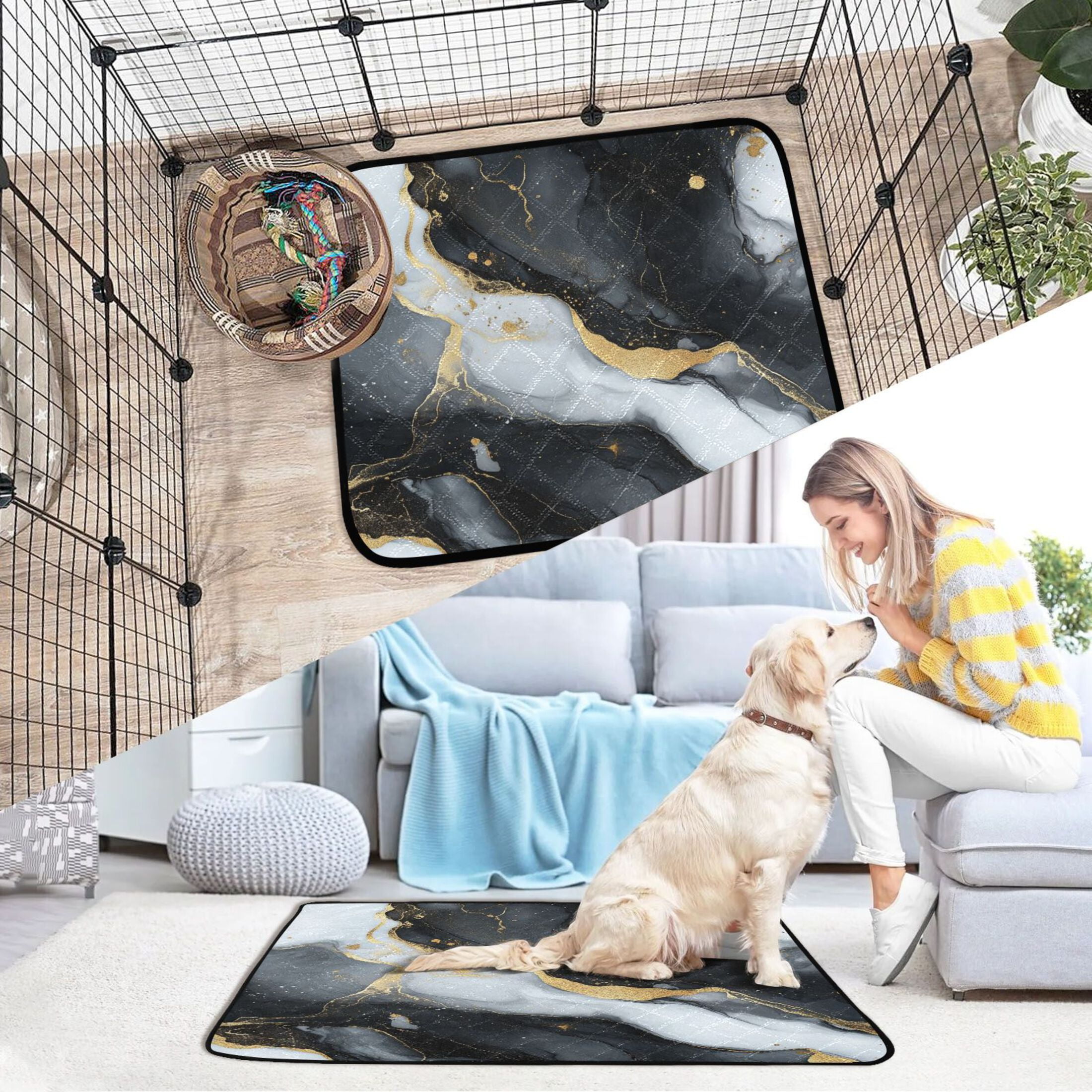 Qxltty Black Gilt Marble Cat litter Pads Pet Set of 3 Diaper Mats Center Anti-leakage Layer Absorbent Soft and Comfortable
