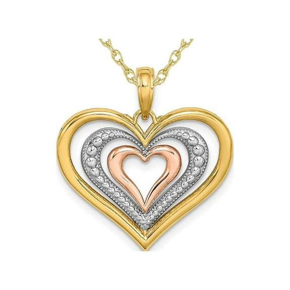14K Yellow Gold Triple Heart Charm Pendant Necklace with Chain