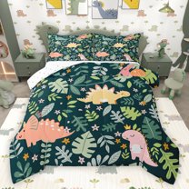jejeloiu Kawaii Dinosaur Dino Full Size Comforter Sets,Cartoon Animal Bedding Comforter Set,Green Leaves Bedding Sets For Boys,Luxury Bedroom Decor Reversible,3 Pieces