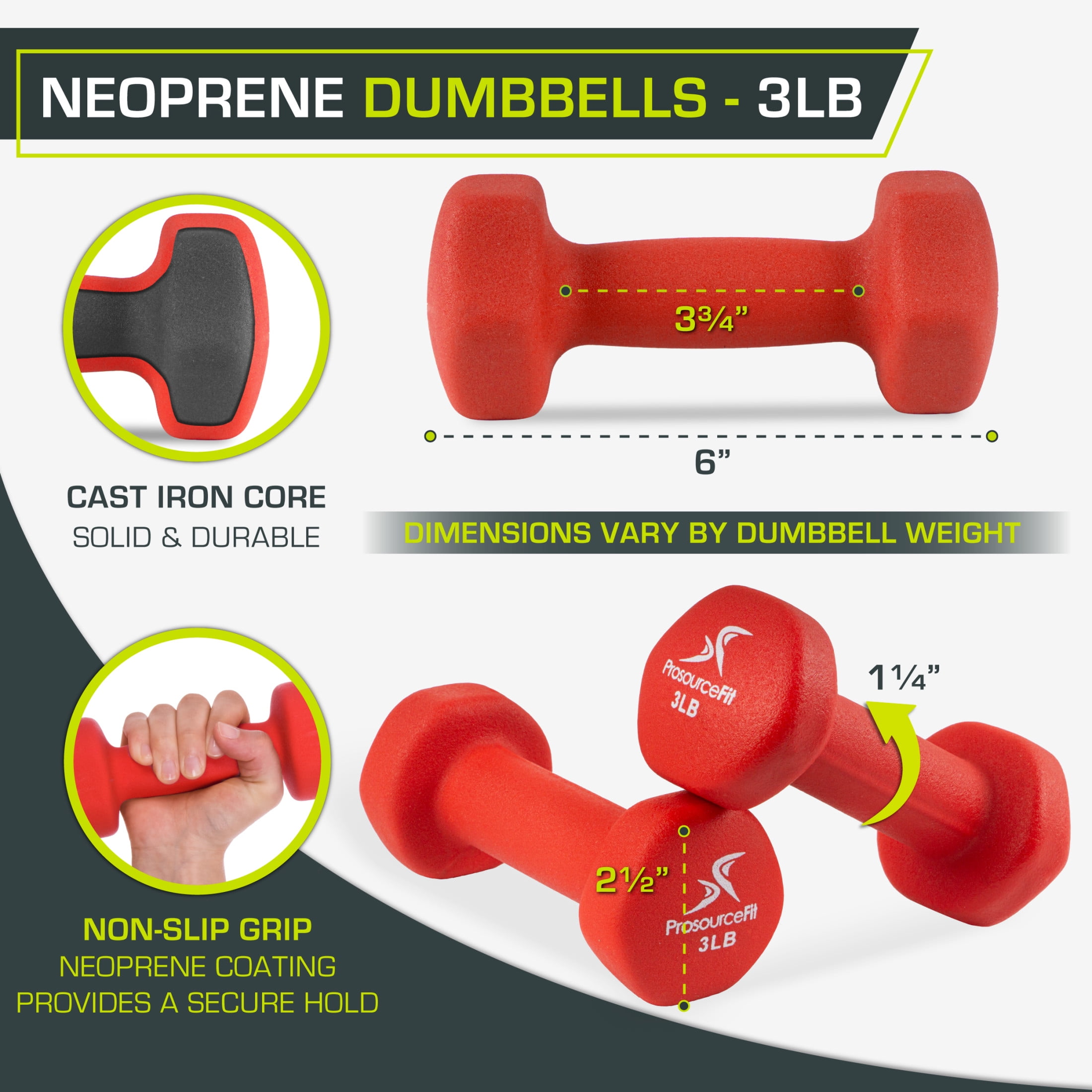 ProsourceFit Set of Two Neoprene Dumbbells Coated for Non-Slip Grip, 3 lb