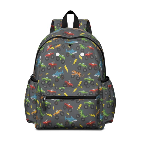 Monster Cartoon Truck Black Pattern Cute School Backpack with Padded Back and Adjustable Shoulder Straps 13.4"x11"x4.7"