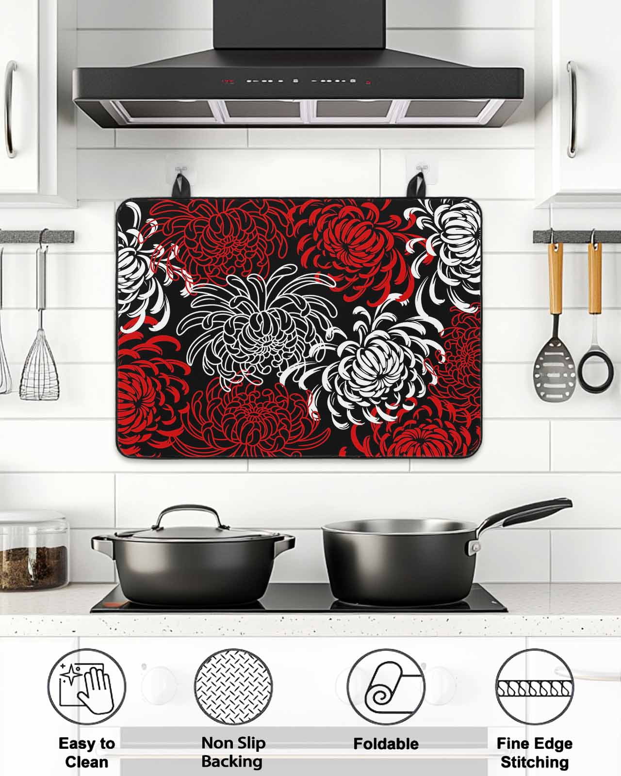 Stove Top Covers for Electric Stove, Red White Glass Stovetop Cover Protector, Abstract Black Chrysanthemum Flower Floral Induction Cooktop Protector Oven Mat for Kitchen Countertop 36"x21"