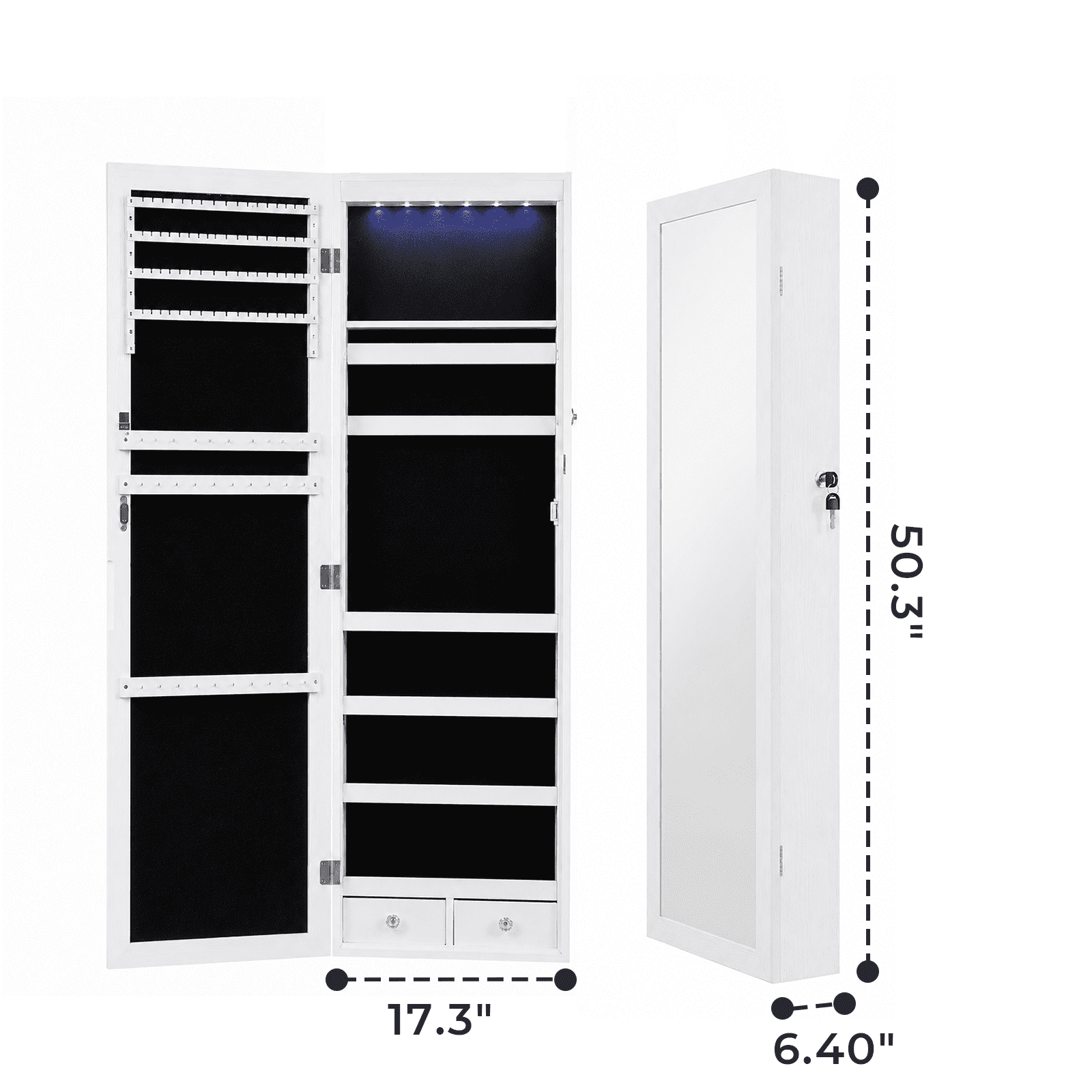 Alvantor Wall/Door Mount LED Mirror Jewelry Organizers and Storage, Lockable Makeup Storage Cabinet, White