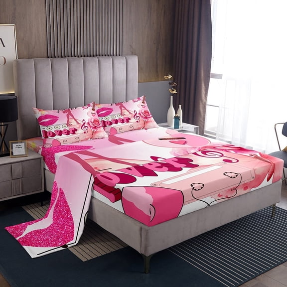 Erosebridal Butterfly Flower Sheet Set Twin,Music Theme Bedding Sets Twin Size,Pink Lips Twin Sheet Sets,Super Cozy Melody Room Decor,3pcs