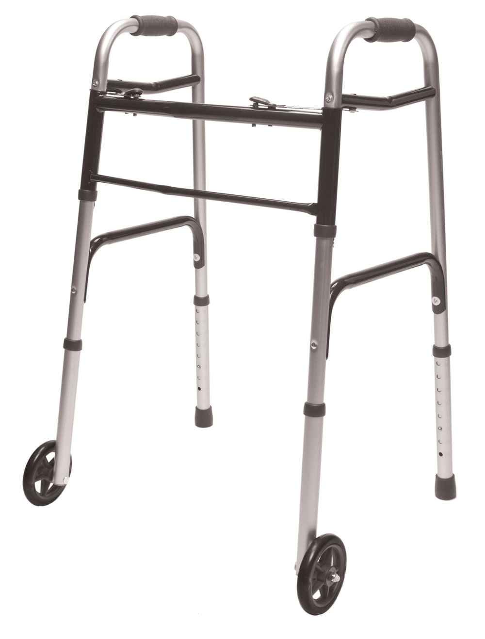 Folding Walker with 5” Wheels, Adjustable Height, Silver