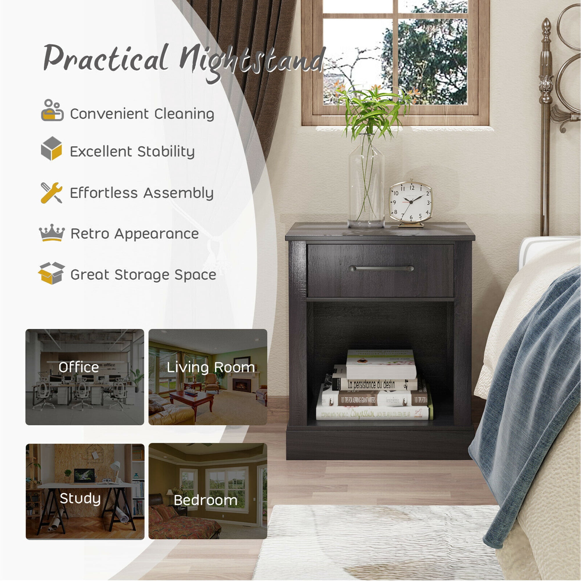 Gymax Nightstand with Drawer and Shelf Rustic Wooden Bedside Table Bedroom Black
