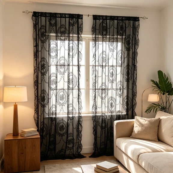 Lace Sheer Curtain Floral Rod Pocket Window Curtain For Home Decor,Black