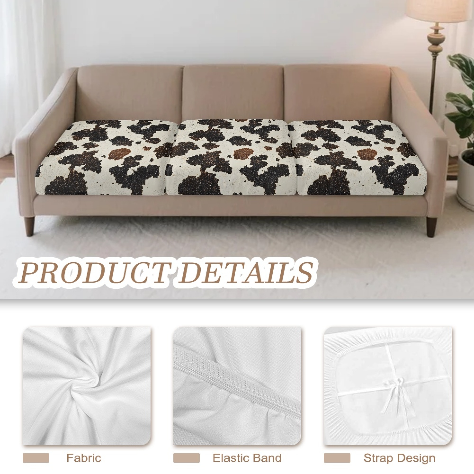 TSOVTHRID 3 Piece Couch Cushion Covers, Brown Beige Cow Pattern Stretch Sofa Seat Slipcovers for Pets, Furniture Protector for Armchair Loveseat Sofa with Elastic Band, 24x24 Inch