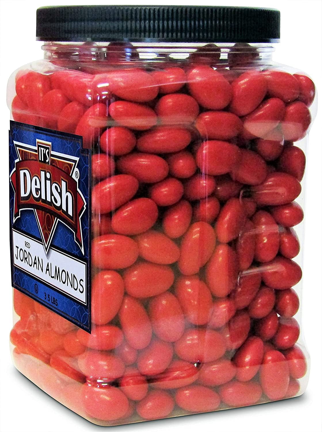 Red Jordan Almonds by Its Delish, 3.5 lbs Jumbo Container  Sugared Almond Nut with Sweet Hard Candy Coating - Bulk Wedding Favors and Party Buffets - Vegan & Kosher