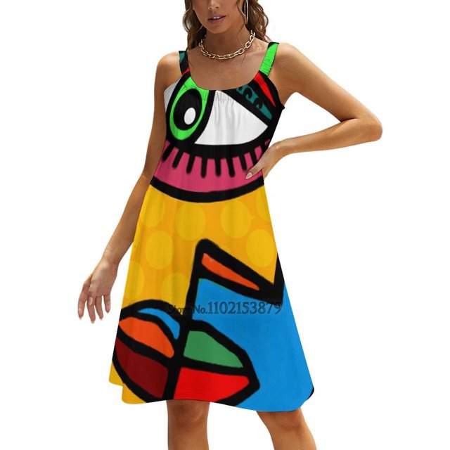 Funky Abstract Face Back Lacing Backless Dress Square Neck Dress Fashion Printed Dress 6Xl Multicolor Picasso Abstract Eyes