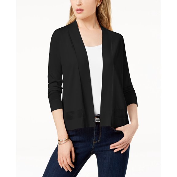 Charter Club Petite Open Front Stitched Detail Cardigan?id=7 Deep Black PXS