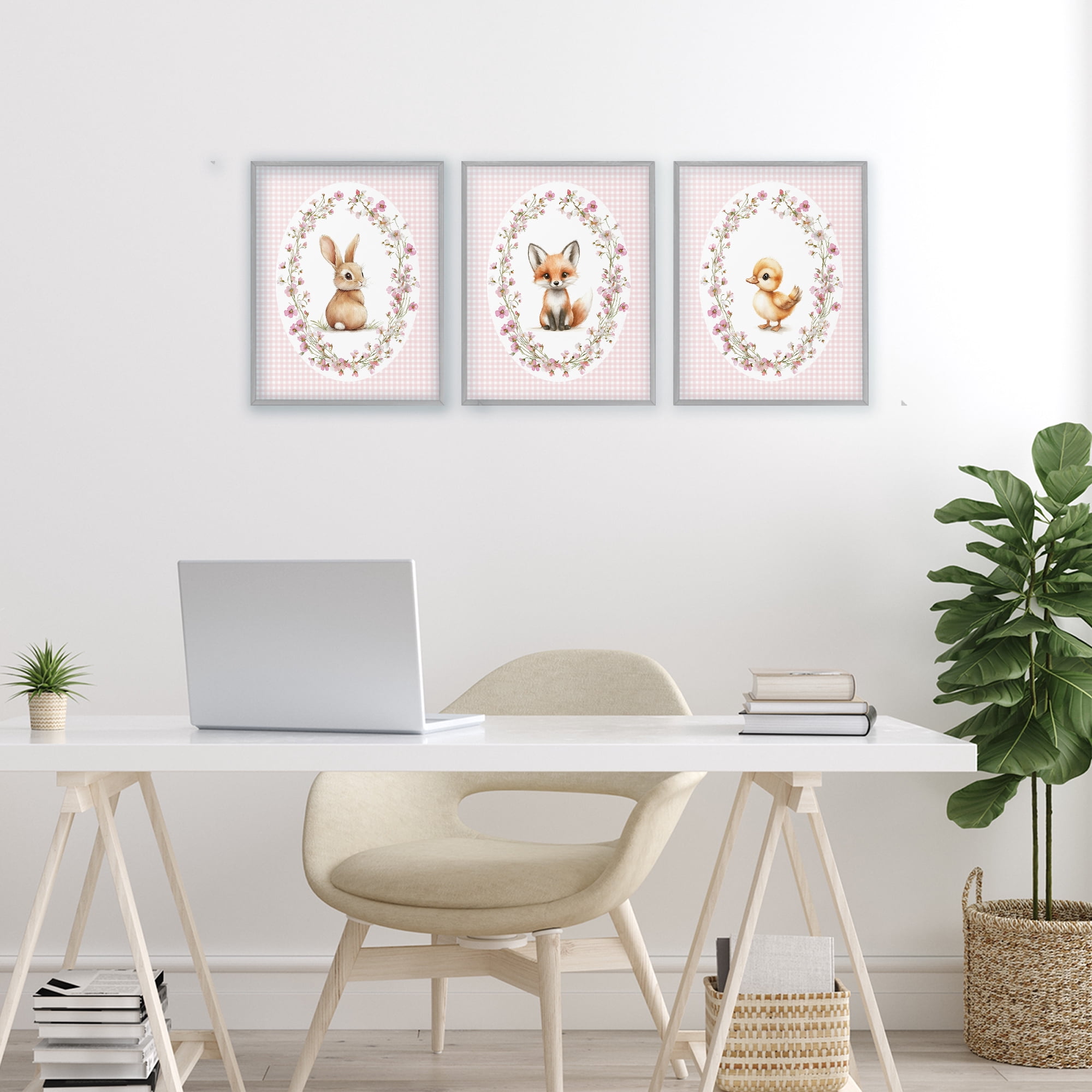 Stupell Industries Spring Gingham Animals 3 Piece Gray Framed Giclee Art Set, design by Christine Simpson Art