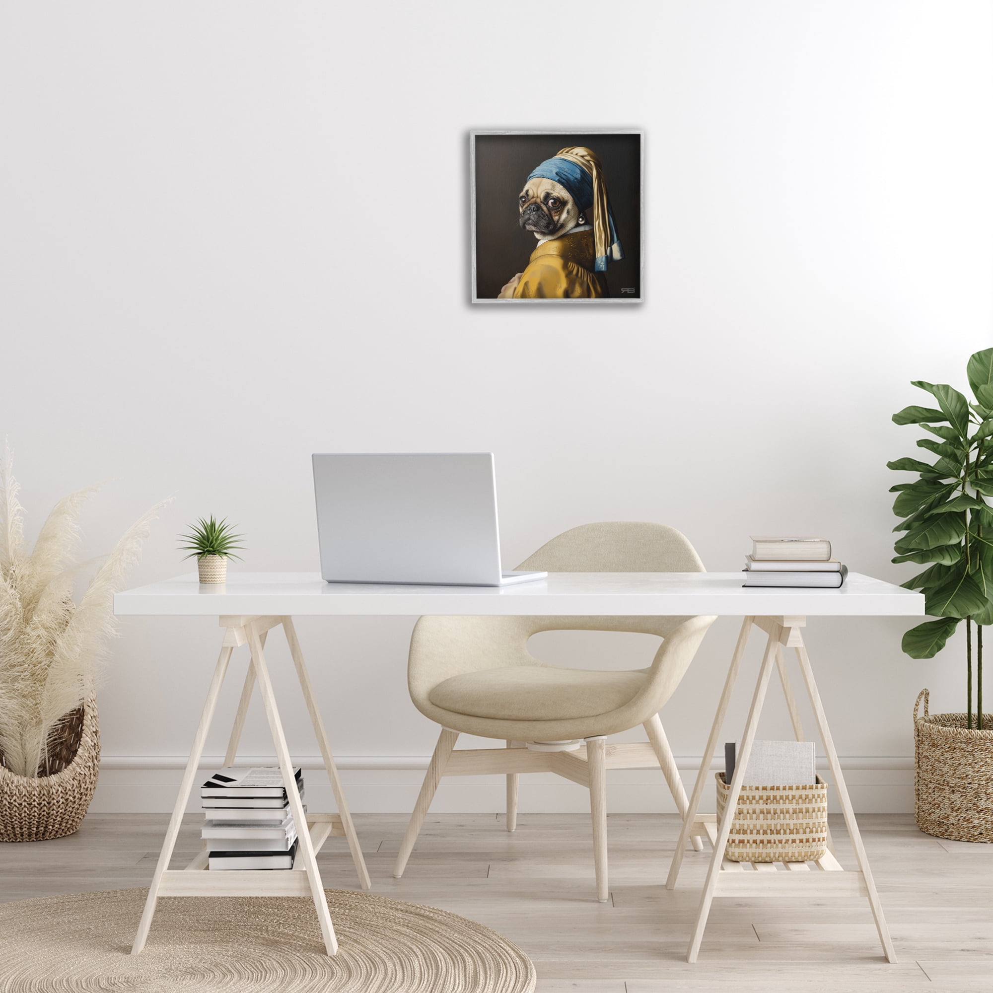 Stupell Industries Pearl Earring Classic Dog Animals & Insects Painting Gray Framed Art Print Wall Art, 17 x 17