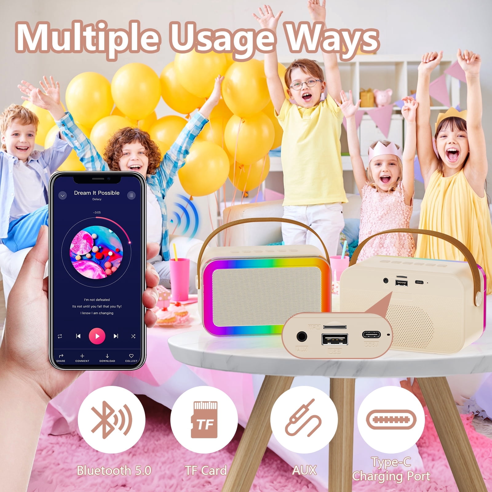FanFun Mini Karaoke Machine, Karaoke Machine for Kids Adults, Karaoke Sytem with Wireless Mic & RGB Light,D36