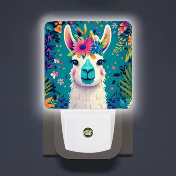 LED Night Lights Lamp with Dusk to Dawn Sensor, LlamPortrait With Colorful Flowers In The Background Night Light Plug Into Wall for Kids Room, Bedroom, Bathroom, Kitchen, Hallway