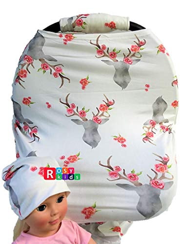 Jersey Car Seat Cover Elastic Nursing Scarf Privacy Cover with Matching Car Seat Handle Cover and Baby Hat Color12MY02 Rosy Kids Stretchy Infant Car Seat Canopy Cover 