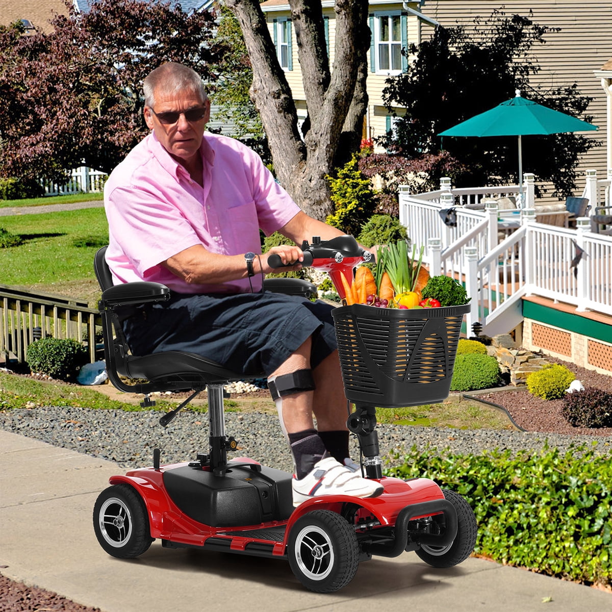 TEKAMON 4 Wheels Mobility Scooter - Portable Folding Power Electric Mobility Scooters for Seniors, Adults, Handicapped, Elderly - Range Extended Battery,Red