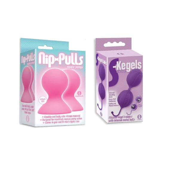 Sex toy Gift Set bundle of Silicone Nip-Pulls, Pink And Icon Brands S-Kegels, Silicone Kegal Balls, Purple