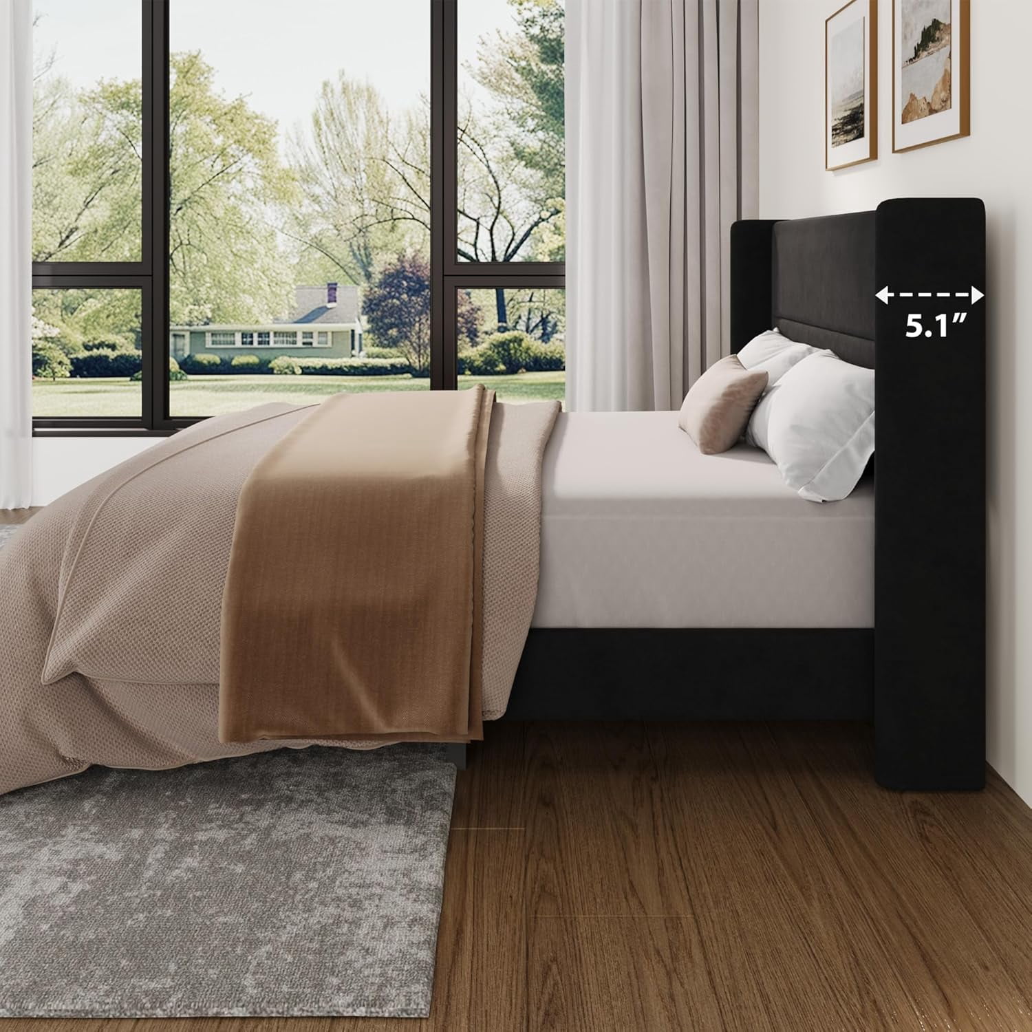 IDEALHOUSE Full Size Bed Frame with Wingback Headboard, Velvet Upholstered Platform Bedframe with Wood Slats, No Box Spring Needed, Easy Assembly, Black