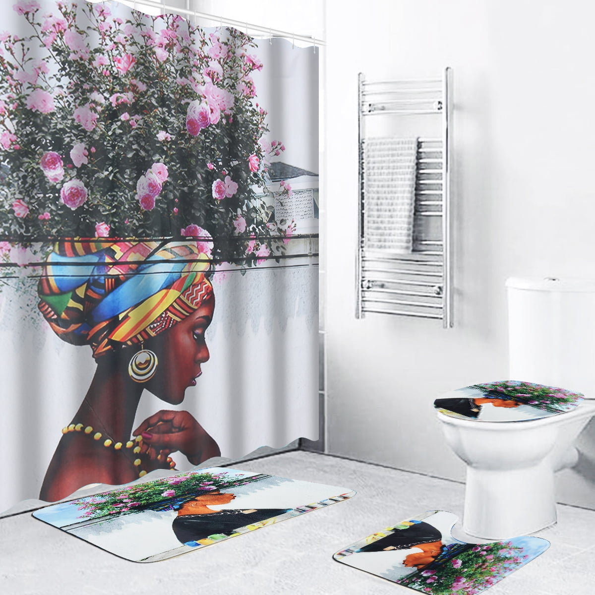 60/72" Afro Hairstyle Woman Waterproof Fabric Bathroom Shower Curtain&Mat&Hooks 