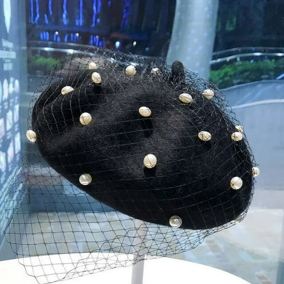 SikaFu Chic Wool Blend Vintage London Beret with Veil Mesh Show Double Layer Women Beret Beanies Caps Gorro for Ladys Banquet