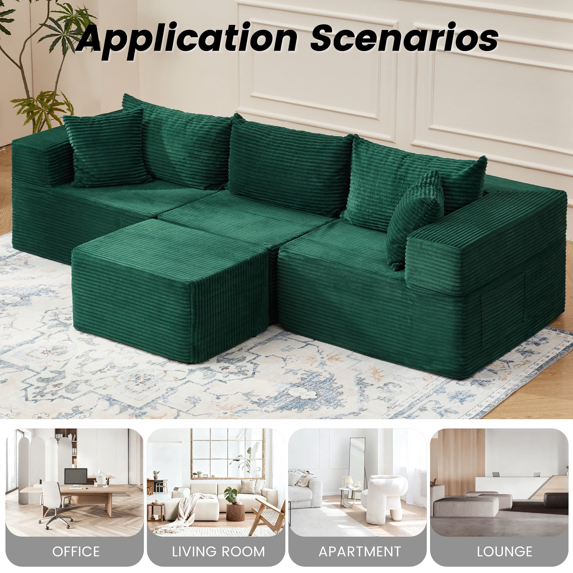 Vicluke 102" Cloud Couch Sectional, L Shaped Modern Sofa with Ottoman, Comfy Corduroy Fabric Modular Sectional Sofa in a Box, Boneless Couches for Living Room, No Assembly Required (Green)