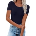 thumbnail image 2 of Womens Basic Short Sleeve Slim Fit T Shirts Ndbuld Women's Casual Solid Color Short-Sleeved Crew-Neck Top,Navy,L, 2 of 6