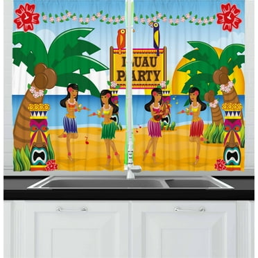 Ambesonne Tiki Bar Kitchen Curtains, Luau Party Dance, 55"x39", Multicolor