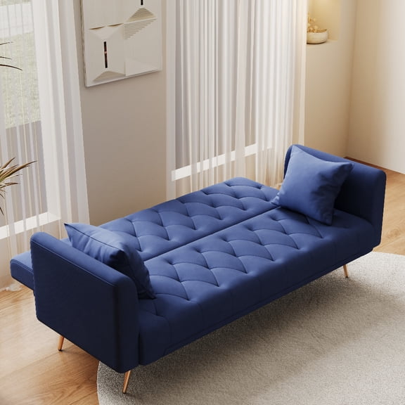 Oufan 71" American Convertible Sofa, Velvet Loveseat with Adjustable Backrest & Metal Legs, 2-Seater Couch for Living Room, Apartment, Blue