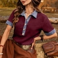 thumbnail image 4 of Miluxas Women's Summer Short Sleeve Tops Button-Up Collared Shirts with Linen and Denim Contrast Collar Trendy Business Casual Tunic Blouse Wine, 4 of 8