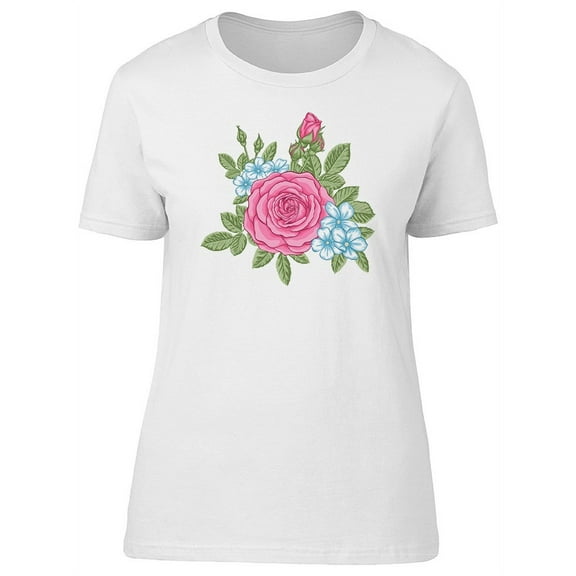 Beautiful Pink Rose, Blue Flower T-Shirt Women -Image by Shutterstock, Female Medium