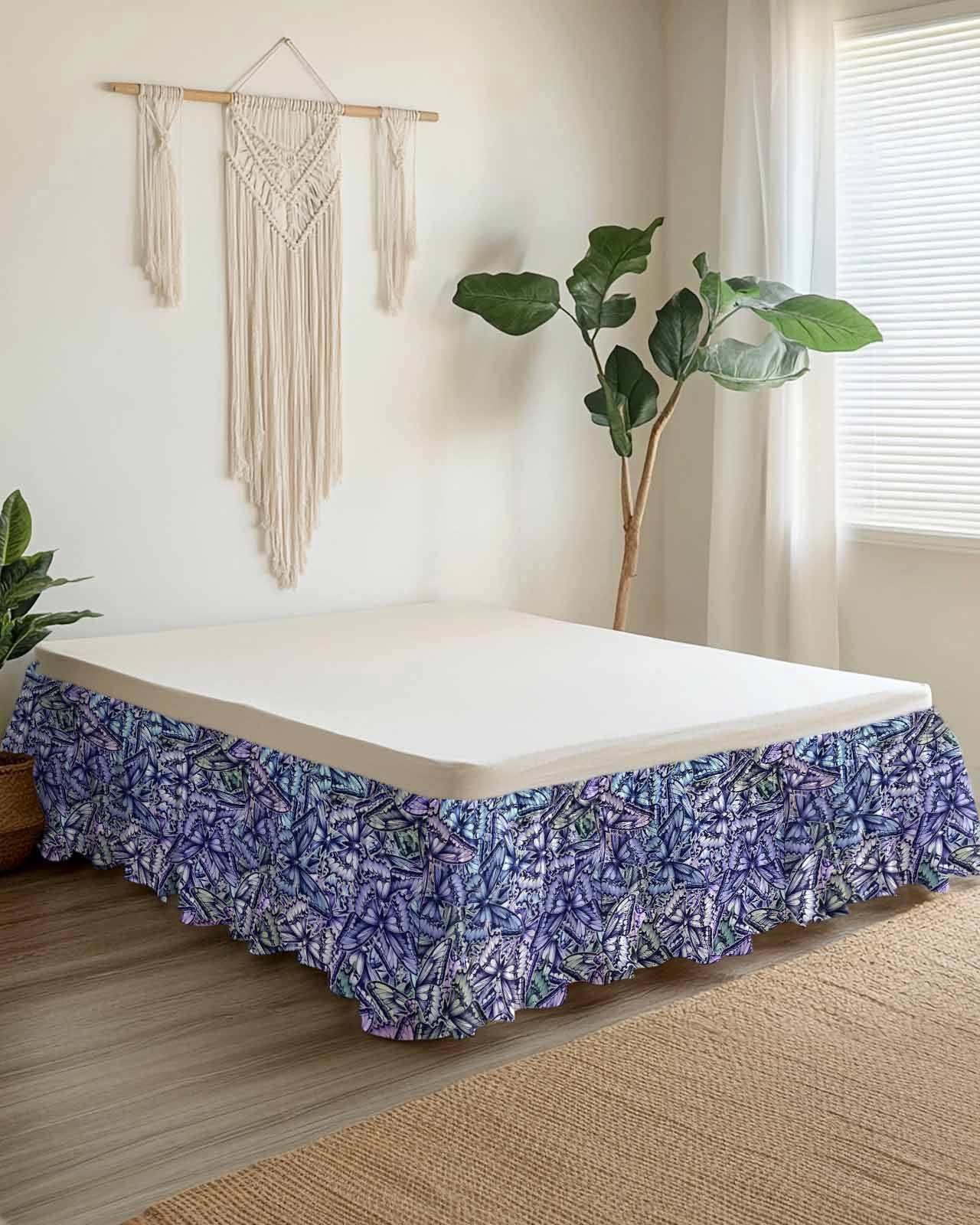 Purple Blue Teal Butterfly Wrap Around Bed Skirts for Queen Bed 16" Drop, Bed Skirt with Adjustable Elastic Belt Dust Ruffle Bed Valance for Bedroom Hotel Luxury Modern Abstract Art Bed Frame Cover