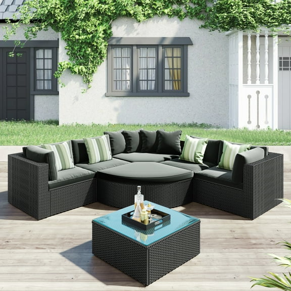 Cfowner 7 Pieces Patio Furniture Sets Conversation Set, All-Weather Rattan Outdoor Sectional Sofa with Coffee Table, Washable Grey Cushions Covers
