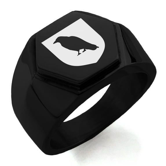 Stainless Steel Raven Bringer of Death Coat of Arms Shield Engraved Hexagon Crest Flat Top Biker Style Polished Ring