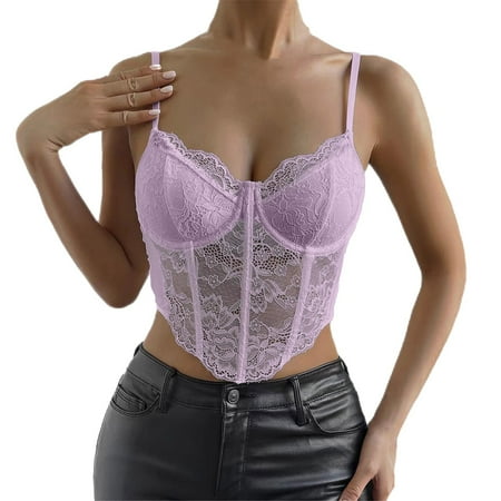 Clearance! Delayuji Womens Tees and Tanks Women s Floral Lace Mesh Corset Vest Spaghetti Strap Tops Going Out Slim-Fit Camisole Xs Purple