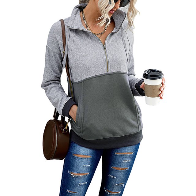 Sudadera de Mujer Manga Larga Medio Cárdigan Cuello en V Empalme de Color Casual Cómodo Poliéster Sudadera con Capucha para Diario Gris L