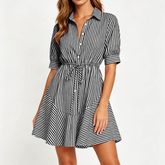 ClodeEU Women's Collared Button Down Short Sleeve Shirt Dress,Casual Cinched Waist A Line Mini Dress Black,Women's Plus L