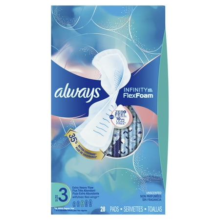 ALWAYS Infinity, Size 3, Extra Heavy Sanitary Pads with Wings, Unscented, 28