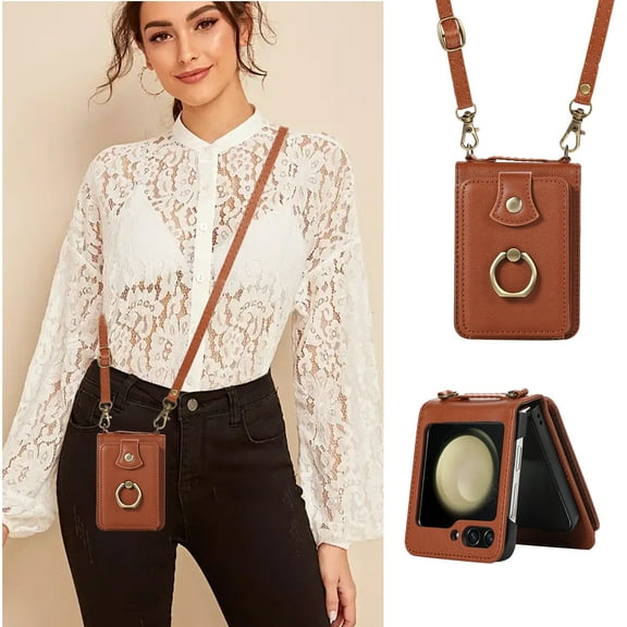 Allytechgroup Galaxy Z Flip 7 Wallet Case with Shoulder Strap, Premium PU Leather Back Cover Ring Holder Stand Cards Slots Shockproof Protective Phone Case for Samsung Galaxy Z Flip 7, Brown