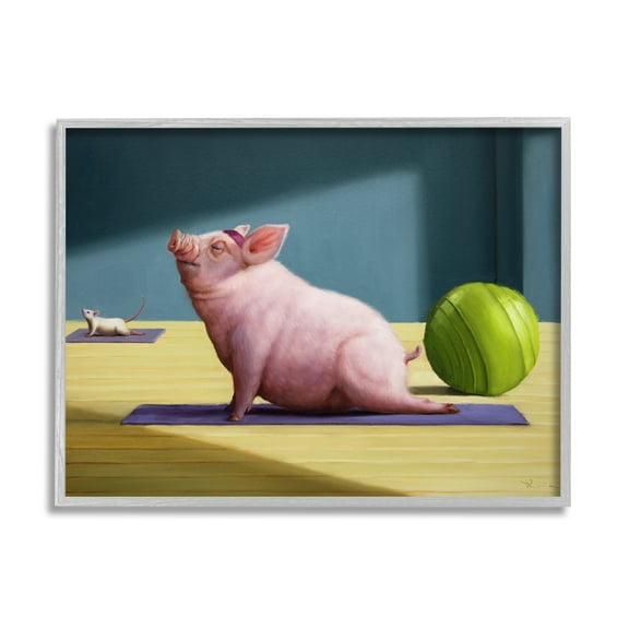 Stupell Industries Pink Pig Doing Yoga Upward Facing Hog Animals & Insects Painting Gray Framed Art Print Wall Art, 11 x 14