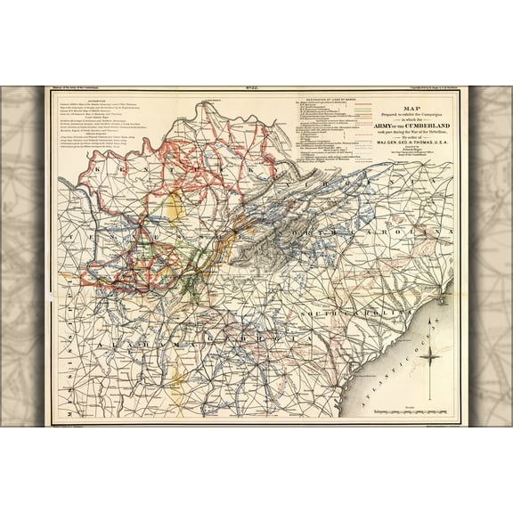 24"x36" Gallery Poster, Map of campaigns of Army of the Cumberland 1875