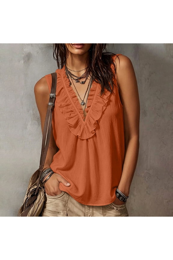 Women's Wave Neck Sleeveless Top Women's Summer Solid Color Ruffled Wave Neck Sleeveless Top Orange M