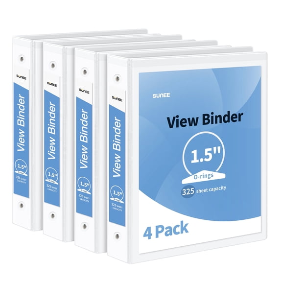 SUNEE 1.5 Inch 3 Ring Binder Round Ring Three Ring Binder 4 White Binders for School Binder or Office Binder Supplies